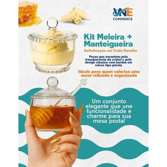 Kit Meleira e Manteigueira Porta Manteiga De Vidro Cristal Pearl Wolff Mesa Posta Café da Manhã