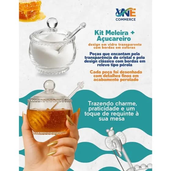Kit Meleira e Açucareiro De Vidro Cristal Com Colher Wolff Original Para Cozinha Moderna Mesa Posta Café da Manhã