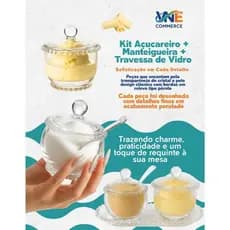 Kit Mesa Posta Açucareiro, Manteigueira e Travessa Bandeja De Vidro Cristal Pearl Wolff Original Café da Manhã