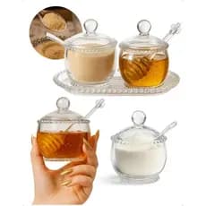 Kit Café da Manhã Meleira, Açucareiro e Bandeja Travessa de Vidro Cristal Pearl Wolff Transparente Mesa Posta Decoração