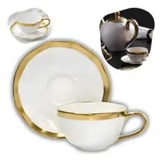 Xícara Café 90ml Pires Porcelana Branco Dourado Dubai Wolff Branco E Dourado Design Martelado