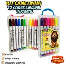 Estojo Canetinha 12 Cores 2.0mm Lavável Infantil Zoo Escolar Fácil Limpeza