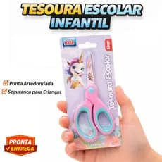 Tesoura Escolar Infantil 13cm Unicórnio Rosa Ponta Arredondada Segurança Criança