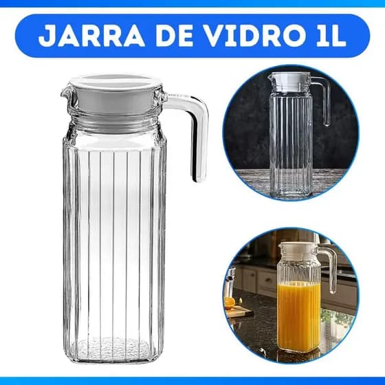 Jarra De Vidro P/ Mesa Com Tampa Transparente Água e Suco 1L