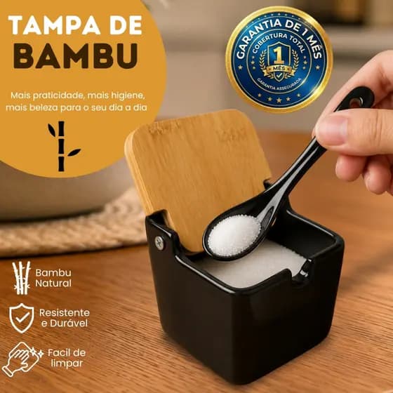 Saleiro Manhattan Premium Em Porcelana Com Tampa De Bambu Preto