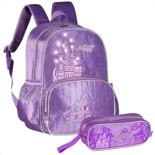 Kit Mochila De Costas c/ Luzes Escolar e Estojo Castelo Princesas