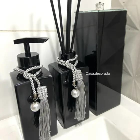 kit lavabo / banheiro vidro squere preto Difusor Saboneteira Porta Escova Luxo