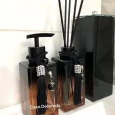 Kit Lavabo / Banheiro Porta Escovas de Vidro Espelhado Saboneteira Difusor de Ambiente com Vareta de Fibra Preto Rose