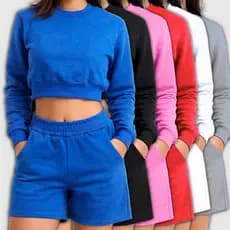 Kit Short Feminino Shortinho Moletom E Blusa Cropped Moletom Basico Confortavel Sem Estampa
