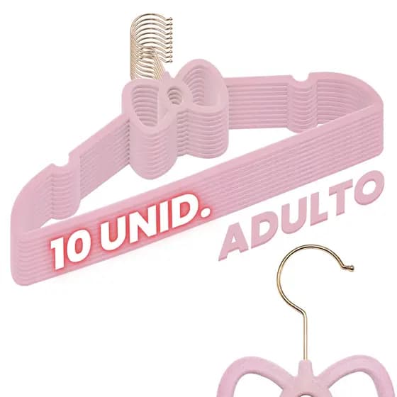 Kit 10 Cabides Veludo Rosa Gancho Rose Slim Formato Laço