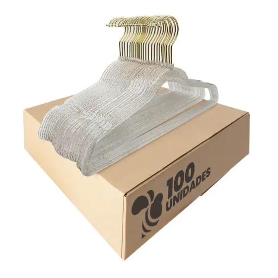 Kit 100 Cabide Acrílico Transparente Gliter e Gancho Dourado