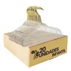 Kit 20 Cabides Acrílico 28cm Infantil Gliter Gancho Dourado