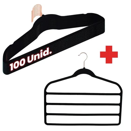 Kit 100 Cabides Veludo Preto Gancho Rose + 5 Cabides 4 Calça