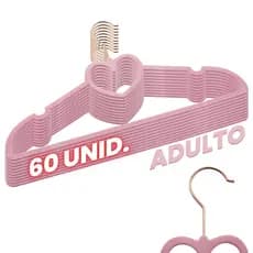 Kit 60 Cabides Veludo Rosa Gancho Rose Slim Formato Coração