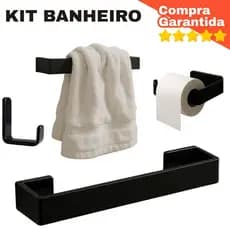 Kit Acessórios Banheiro Preto Moderno Porta Toalha, Papel Higiênico e Ganchos