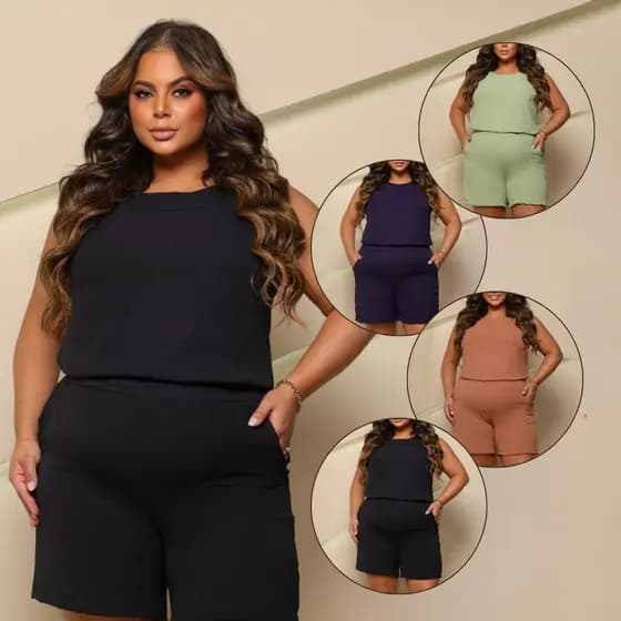 Conjunto Casual Plus Size Tecido Duna Fashion Feminino Blusa Regata e Shorts Moda Verão Confortável