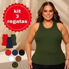 Kit 3 Regatas Feminina Plus Size de Algodão Conjunto Roupas Malha Canelada Premium com Elastano