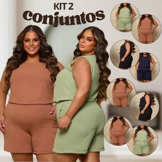 Kit 2 Conjuntos Plus Size Fashion Moda Casual Regata e Shorts Feminino Chiq Verão Moda Conforto