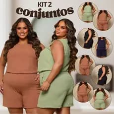 Kit 2 Conjuntos Plus Size Fashion Moda Casual Regata e Shorts Feminino Chiq Verão Moda Conforto