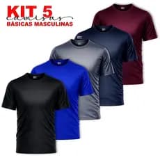 KIT com 5 Camisas Masculino Poliéster Premium | Camisas Lisas para Dia a Dia / Treino