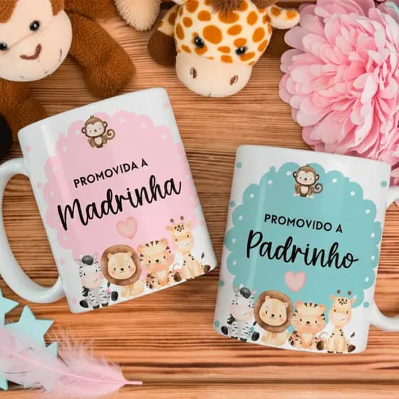 Canecas Padrinhos Dinda e Dindo - Porcelana 325ml com Caixa Presente