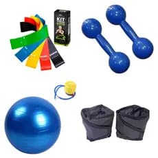 Kit Bola Pilates 55cm + Kit Theraband + Halter 1kg + Caneleira 1kg