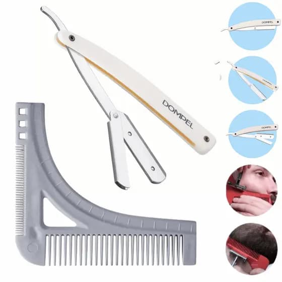 Kit Modelador Desenha Barba 1 Regua Pente Alinhador + 1 Navalha Inox Profissional Dompel