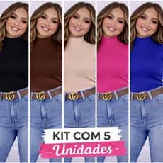 Kit com 5 Blusa Canelada Gola Alta Com Manga Curta
