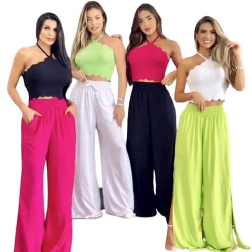 Calça Pantalona Feminina Fendas Laterais Cintura Cordão Forrado Tendências Moda