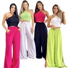 Calça Pantalona Feminina Fendas Laterais Cintura Cordão Forrado Tendências Moda