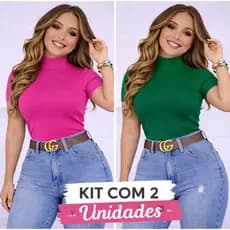 Kit  2 Blusas Gola Alta Malha Canelada