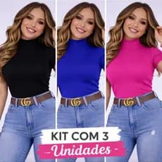 Kit com 3 Blusas Gola Alta Malha Canelada