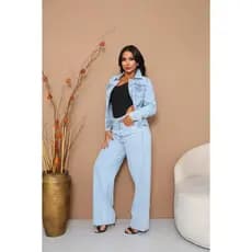 Conjunto Jaqueta Jeans com com Brilho e Calça Wide Leg Feminina
