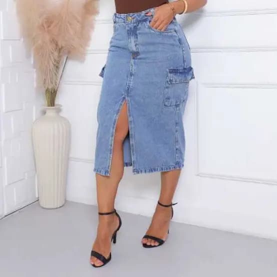 Saia Midi Jeans Cargo Moda Evangélica