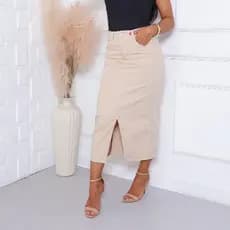 Saia Jeans Midi Feminina com Fenda na Frente