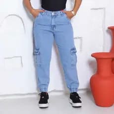 Calça Jeans Jogger Cargo Cintura Alta