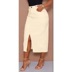 Saia Jeans Midi Feminina com Fenda na Frente off white.