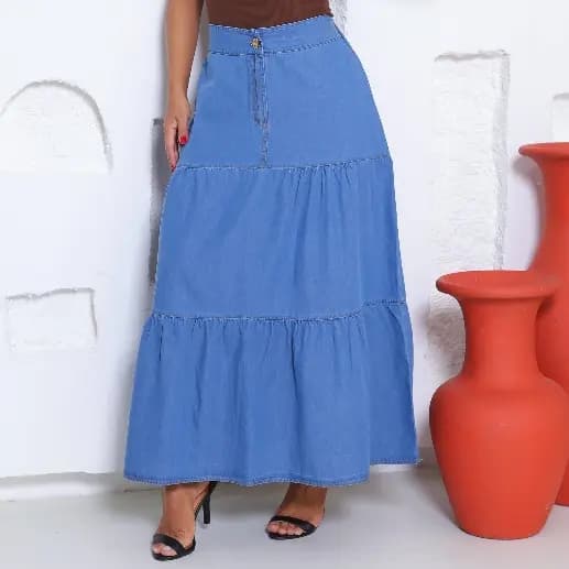 Saia Longa Jeans Feminina com Babado 3 Marias com Elástico
