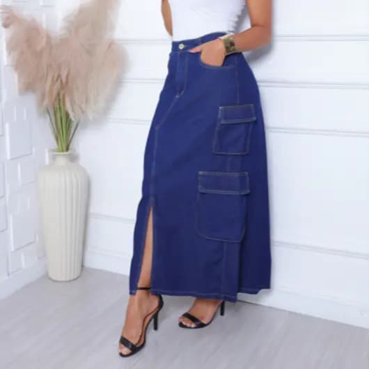 Saia Longa Jeans Com 4 Bolsos Cargos Laterais