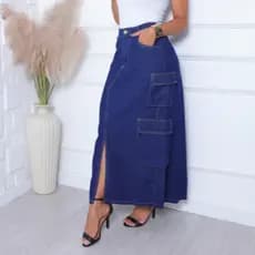 Saia Longa Jeans Com 4 Bolsos Cargos Laterais