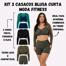 KIT 3 CASACOS BLUSA CURTA MODA FITNESS CORES VARIADAS