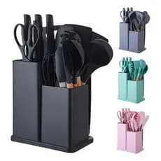 Kit Completo de Utensílios de Cozinha 19 Peças, Suporte Organizador – Silicone Resistente e Cabo Amadeirado
