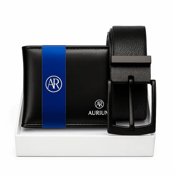Kit Carteira Masculina Couro AURIUM + Cinto Masculino Preto Ajustável com Fivela de Metal Preta