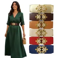 Cinto Largo Feminino de Cintura Elástico com Fivela Dourada de Gancho Duplo-Moda Ideal para Vestidos