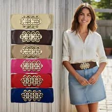 Cinto Faixa Feminino Elástico Largo Strass – Fivela Dourado Look de Verão