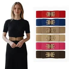 Cinto Feminino Elástico com Couro Sintético e Fivela Dourada com Strass