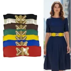 Cinto Elástico Alto Feminino – Versátil para Vestido ou Saia com Fivela X Dourada
