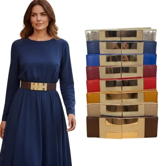 Cinto Feminino Largo Elástico Moda Luxo – Fivela Dourada Espelhada Elegante