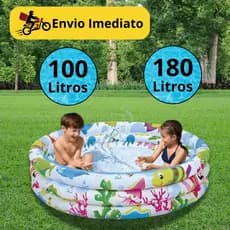 Piscina Infantil Inflável 3 Anéis 100 ou 180 Lts Fundo Do Mar Para Crianças, Campo Praia, Resistente