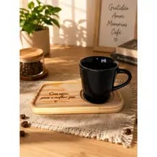 Presente Dia dos Pais Kit Caneca Preta com Base de Madeira Pinus Gravado Com Amor, para melhor pai.